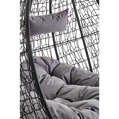 Goa Black Rattan Effect Double Hanging Chair With Grey Cushions