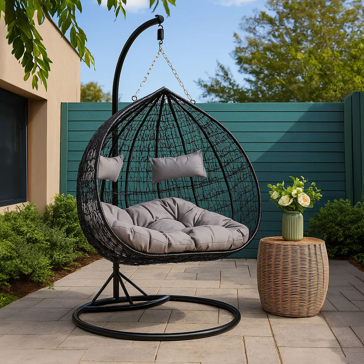 Goa Black Rattan Effect Double Hanging Chair With Grey Cushions