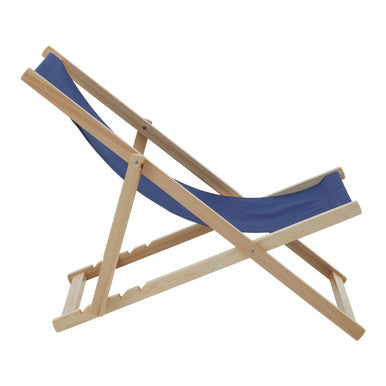 Foldable wooden chair with blue fabric on a white background