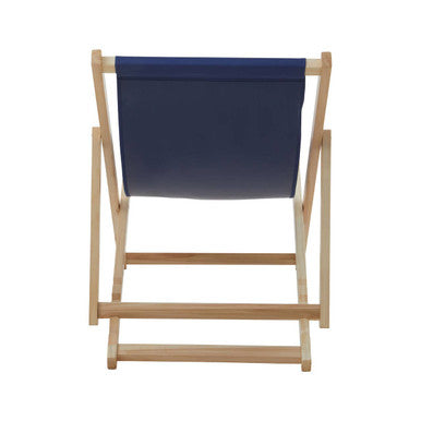Wooden deck chair with navy blue fabric on a white background