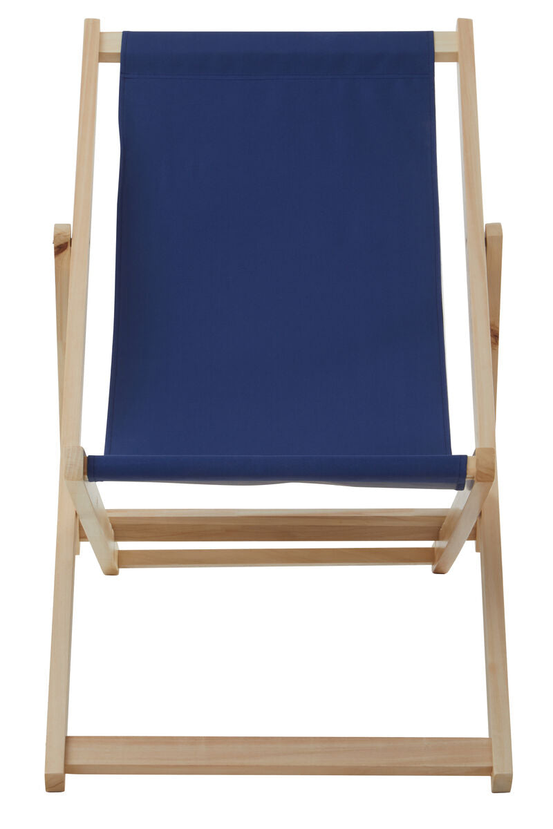 Beige deck chair with a blue canvas seat and back on a white background