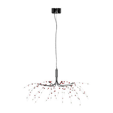 Modern pendant light with red accents on a white background