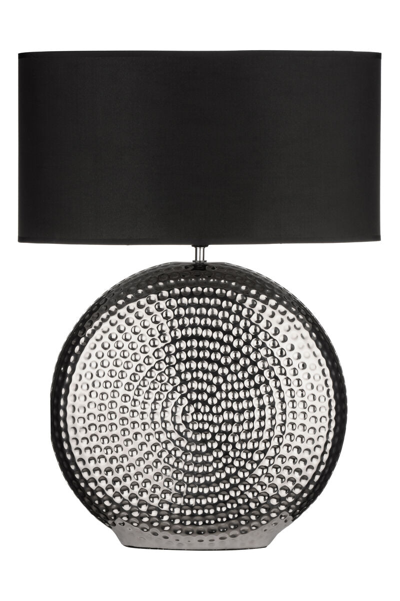 Table lamp with black shade and textured silver base on a white background