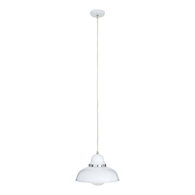 White pendant light with a clear glass shade on a white background