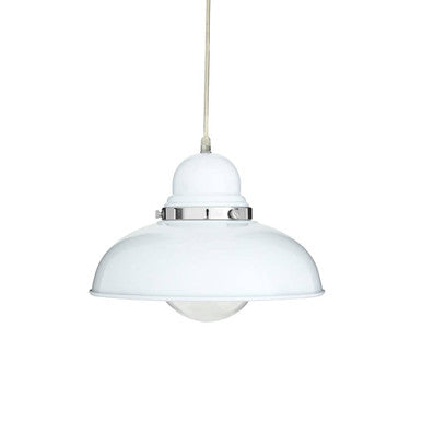 White pendant light with a chrome rim on a white background