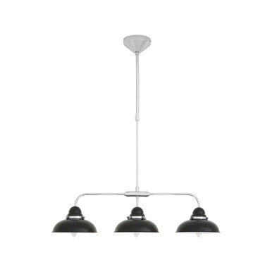 Modern pendant light with three black lampshades on a white background