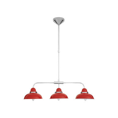 Pendant light fixture with three red lampshades on a white background