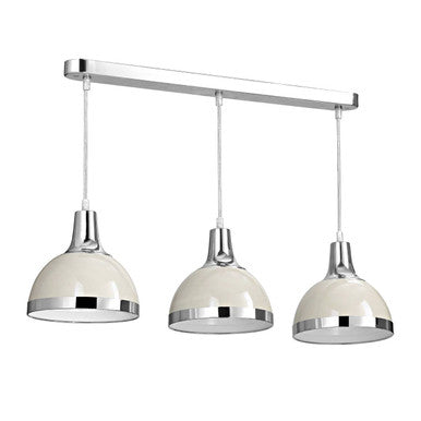 Three pendant lights with white shades and silver fixtures on a white background