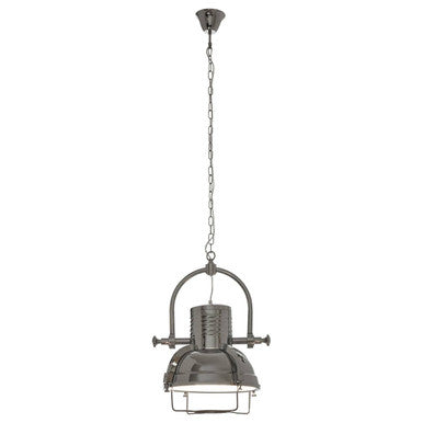 Vintage-style pendant light with metal shade on a white background