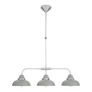 Three-light pendant fixture with gray shades on a white background