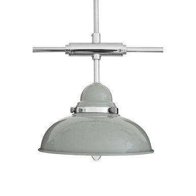 Pendant light with gray shade and chrome fixture on a white background