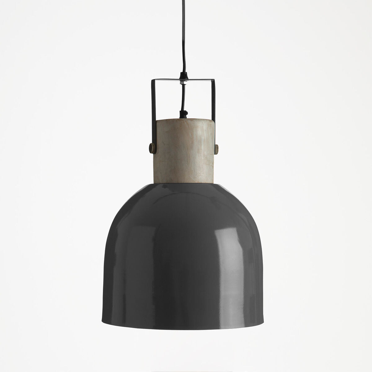 Black pendant lamp with wooden accent on a white background