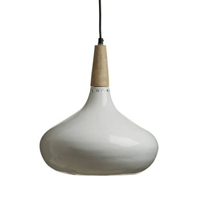 White pendant lamp with a wooden accent on a white background