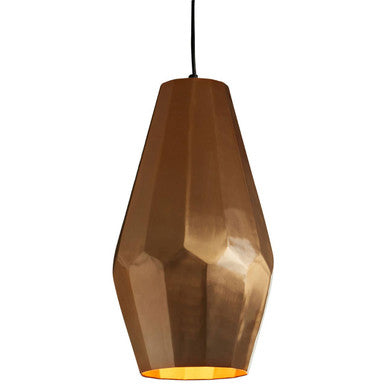Bronze pendant light with geometric design on a white background