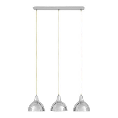 Three pendant lights hanging from a white ceiling