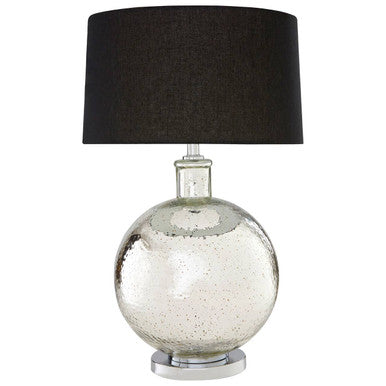 Table lamp with black shade and silver glass base on a white background