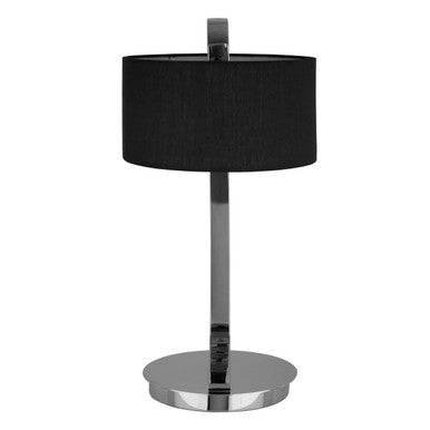 Table lamp with black shade and chrome base on a white background