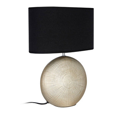 Table lamp with a black shade and textured base on a white background