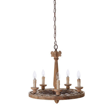 Wooden chandelier with five candle-style lights on a white background