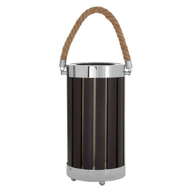 Decorative vase with black and silver striped design and a brown rope handle on a white background