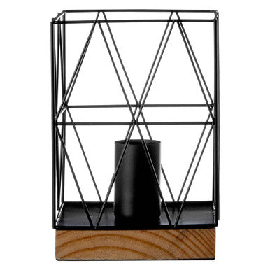Black geometric shelf with wooden base on a white background