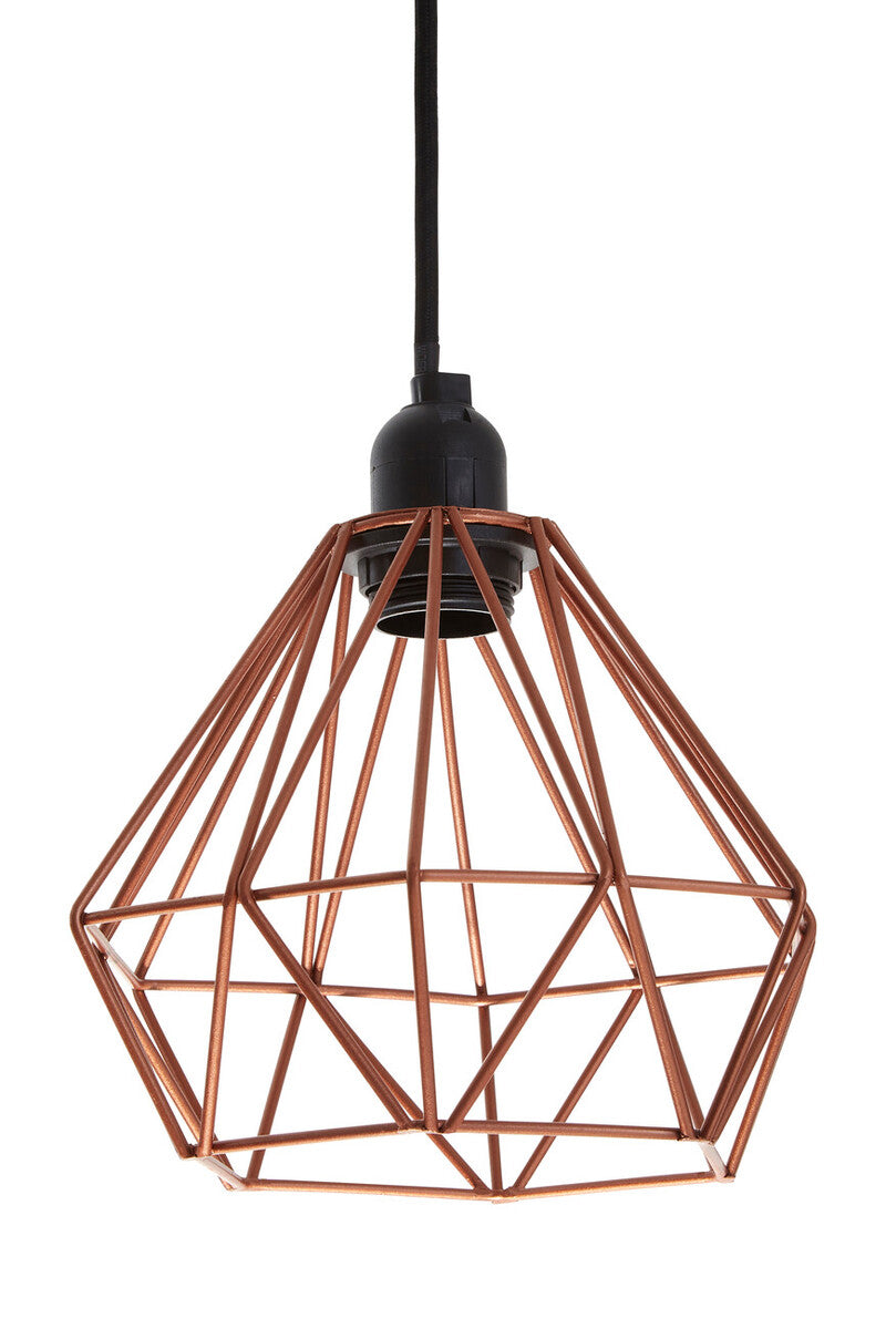 Copper geometric pendant light on a white background