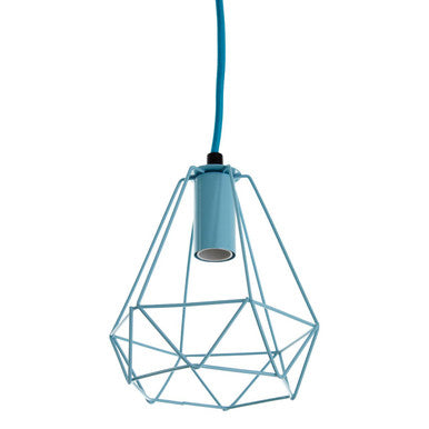 Geometric blue pendant light on a white background