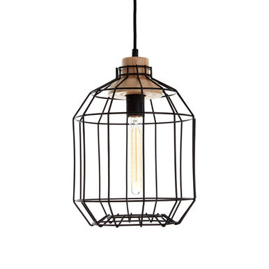 Pendant light with black wire cage shade on a white background