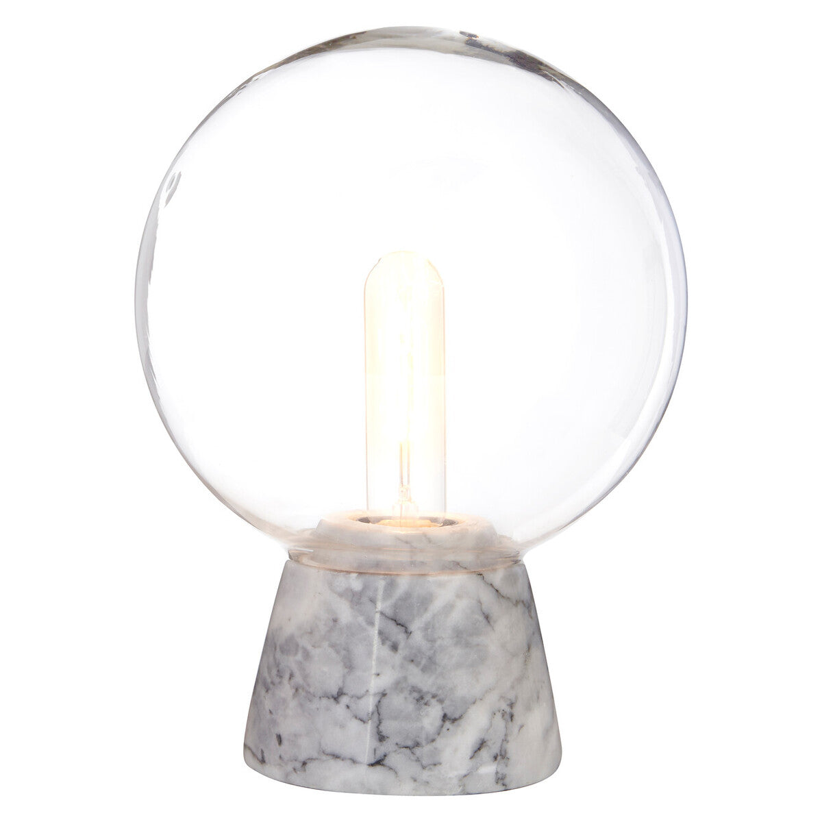 Table lamp with marble base and clear glass shade on a white background