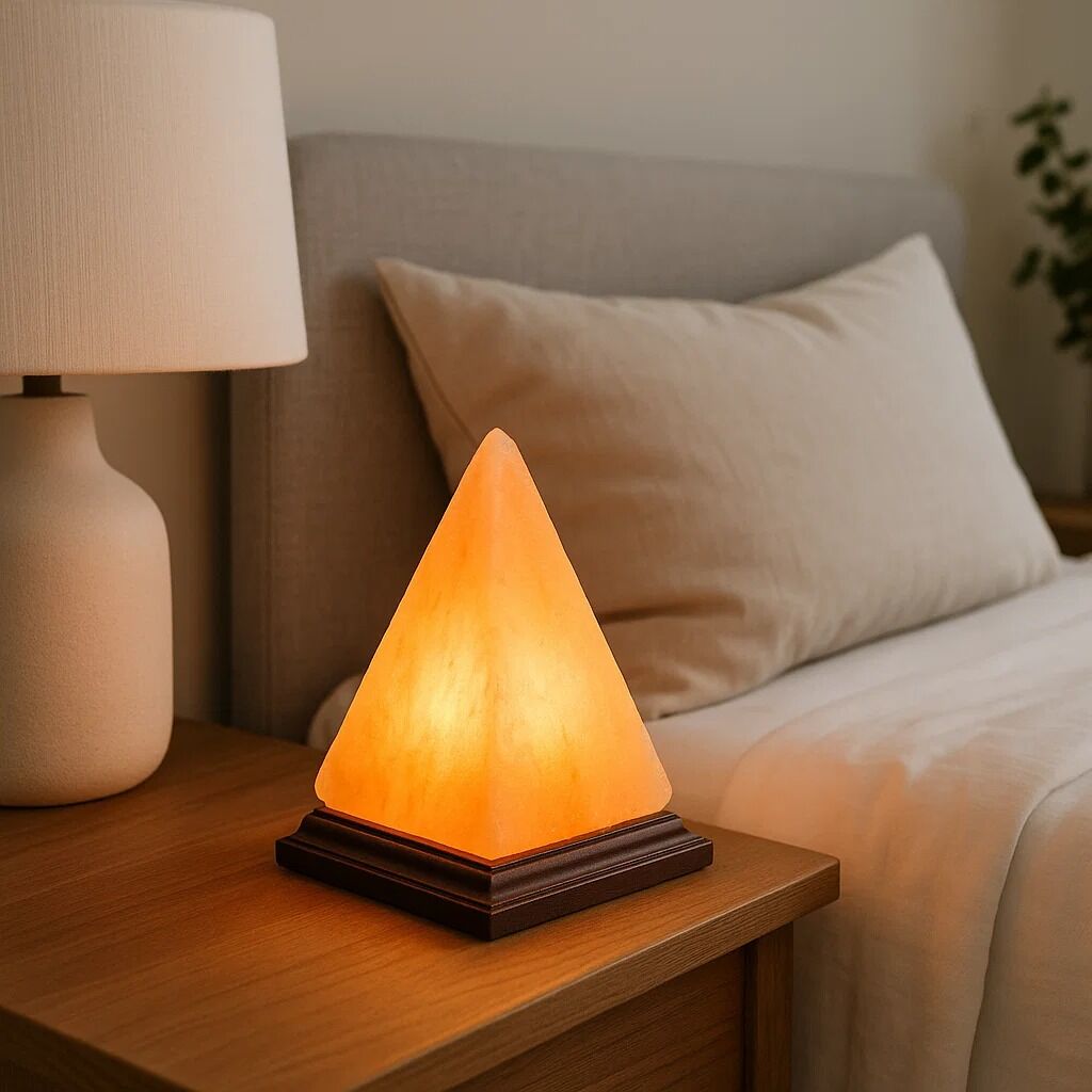 Pyramid-shaped lamp on a nightstand next to a bed with pillows