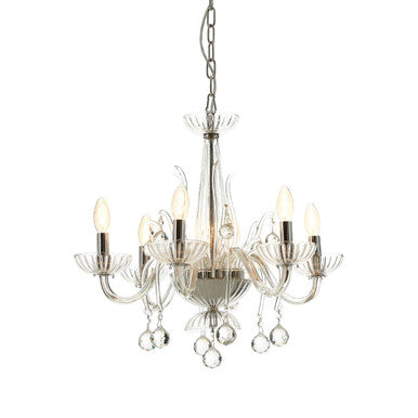 Chandelier with clear glass shades and metal accents on a white background