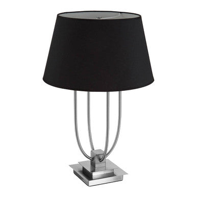 Table lamp with black shade and chrome base on a white background