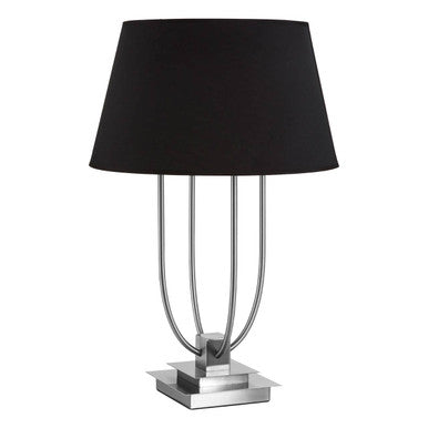 Table lamp with black shade and chrome base on a white background