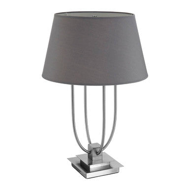 Table lamp with a gray shade and chrome base on a white background