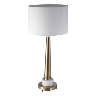 Table lamp with white shade and gold base on a white background