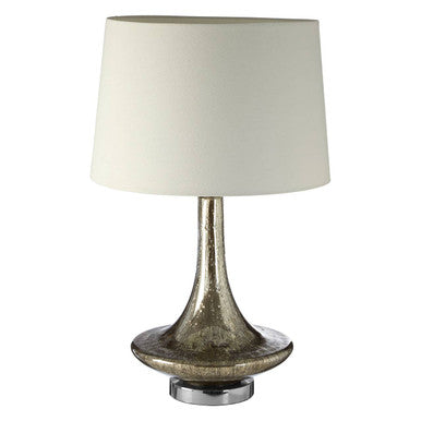 Table lamp with a textured base and white shade on a white background