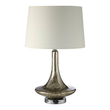 Table lamp with a textured base and white shade on a white background