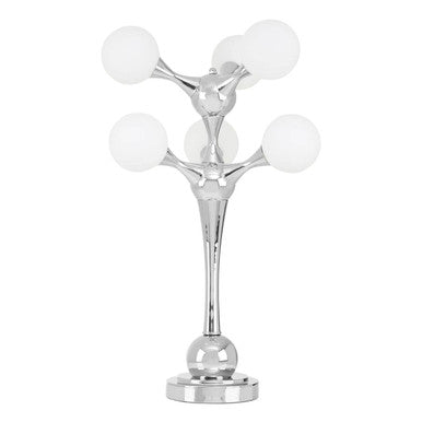 Modern table lamp with chrome base and white spherical lights on a white background