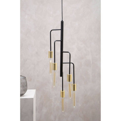 Modern pendant light with black and gold design on a neutral background