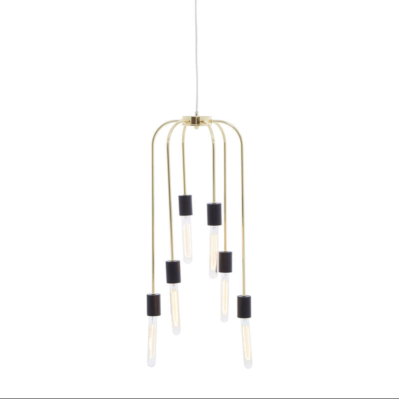 Modern pendant light with multiple cylindrical bulbs on a white background