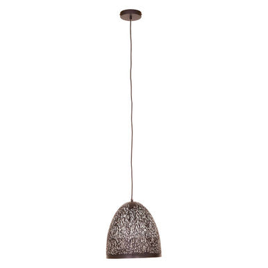 Pendant light with textured shade on a white background