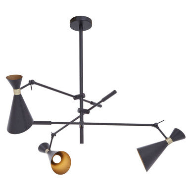 Modern chandelier with black and gold arms on a white background