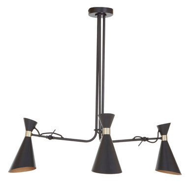 Black ceiling light fixture with three arms on a white background
