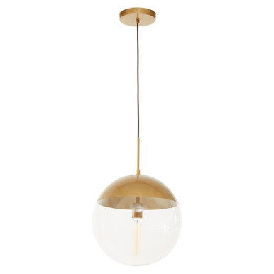 Gold pendant light with clear glass shade on a white background