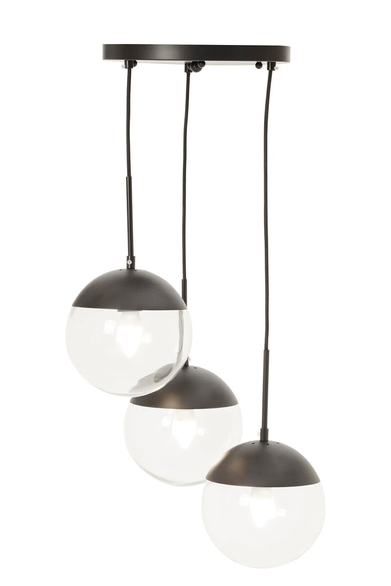 Modern pendant light with three glass bulbs on a white background