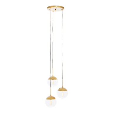 Modern pendant light with gold fixtures on a white background