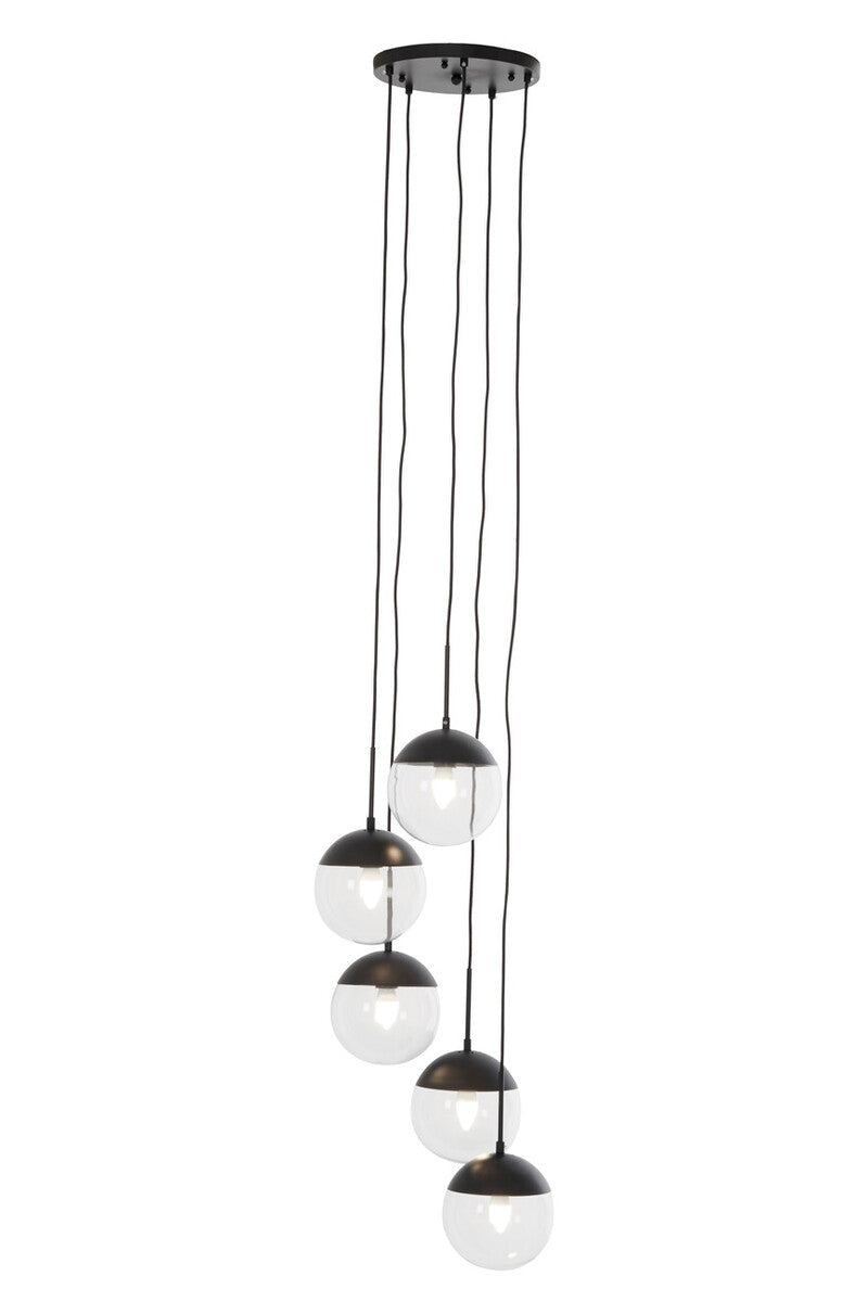Modern pendant light with glass shades on a white background