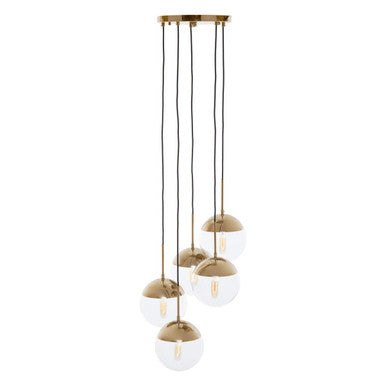 Modern pendant light with glass bulbs and gold accents on a white background