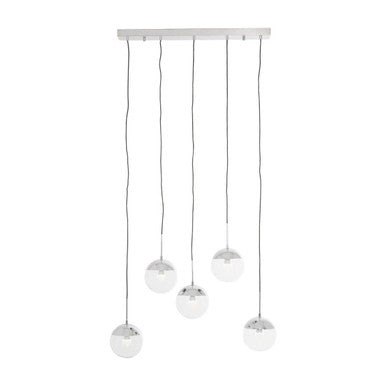 Modern pendant light with five spherical glass shades on a white background