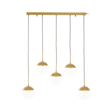 Pendant light fixture with four hanging lights on a white background